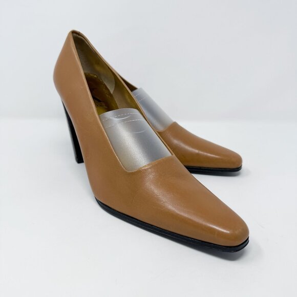 Vintage 90s Calvin Klein Camel Tan Leather Pointy Toe Pumps Size 8 Made in Spain - Picture 12 of 12